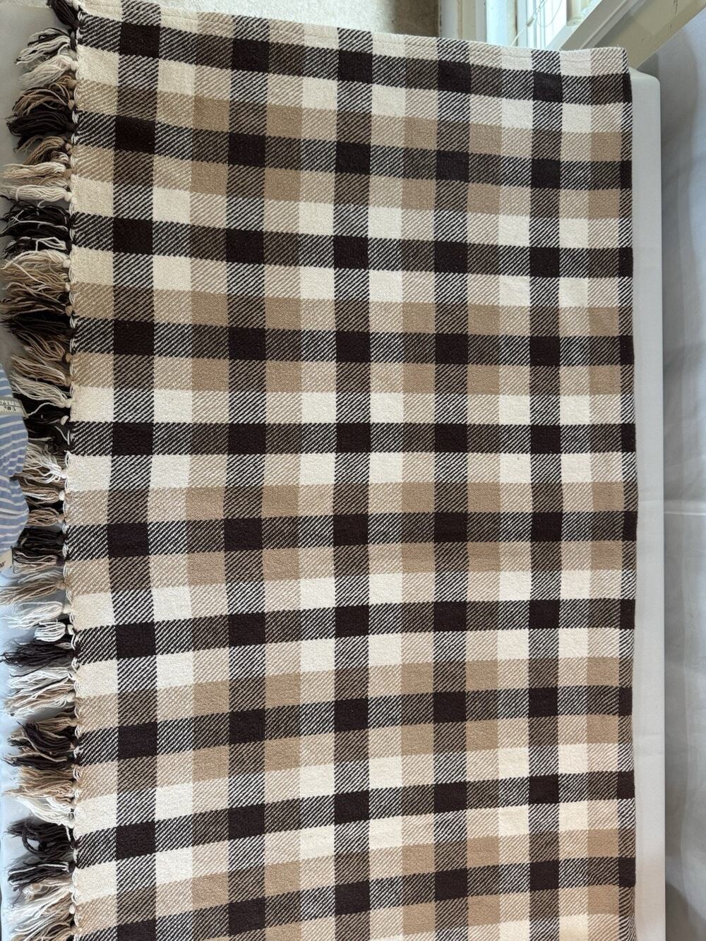 Brown Plaid Throw Blanket Or Table Cover 100% Cotton 56 X 52 Cabin Core